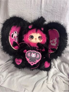 Black Fuzzy Plush Bag with Hot Pink Kawaii Doll Face